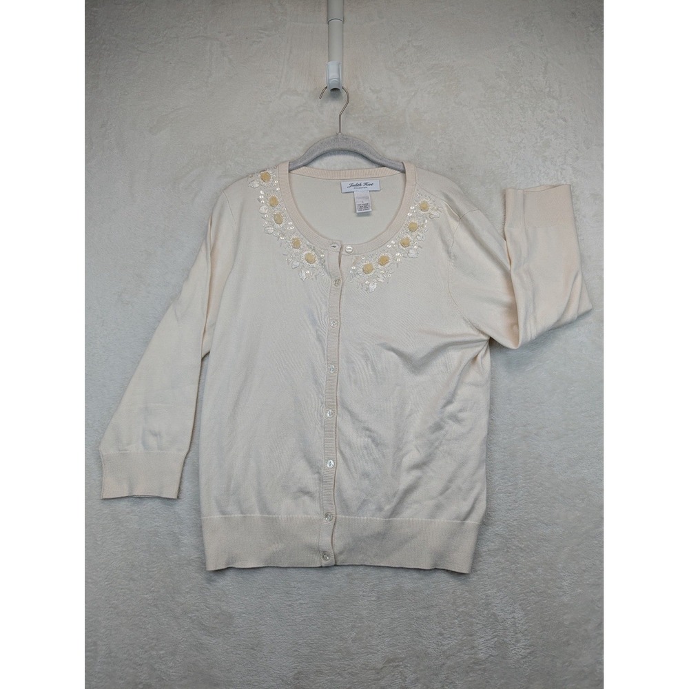 Judith Hart Cardigan Women's L Silk Blend Floral Embroidered Beaded Ivory